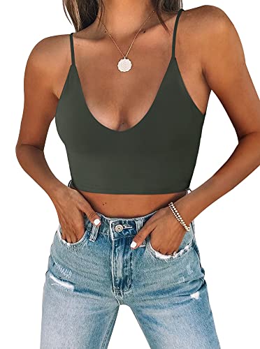 REORIA Damen Sommer Sexy U-Ausschnitt Ärmellos Cropped Cami Camisoles Grundlegende Passform Verstellbare Spaghettiträger Nahtloses Yoga Tank Top Niedliche Crop Tops für Teenager Grau Grün X-Large von REORIA