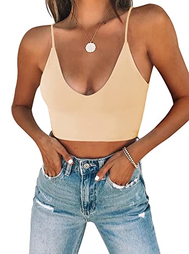 REORIA Damen Sommer Sexy U-Ausschnitt Ärmellos Cropped Cami Camisoles Grundlegende Passform Verstellbare Spaghettiträger Nahtloses Yoga Tank Top Niedliche Crop Tops für Teenager Nude Klein von REORIA