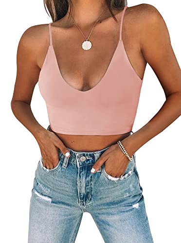 REORIA Damen Sommer Sexy U-Ausschnitt Ärmellos Cropped Cami Camisoles Grundlegende Passform Verstellbare Spaghettiträger Nahtloses Yoga Tank Top Niedliche Crop Tops für Teenager Rosa Medium von REORIA