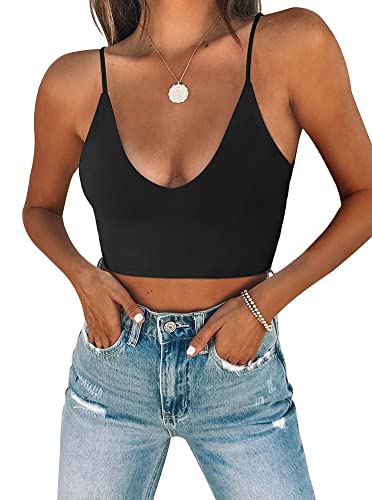 REORIA Damen Sommer Sexy U-Ausschnitt Ärmellos Cropped Cami Camisoles Grundlegende Passform Verstellbare Spaghettiträger Nahtloses Yoga Tank Top Niedliche Crop Tops für Teenager Schwarz Groß von REORIA