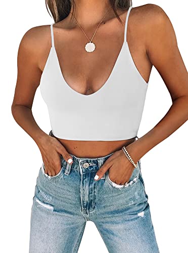 REORIA Damen Sommer Sexy U-Ausschnitt Ärmellos Cropped Cami Camisoles Grundlegende Passform Verstellbare Spaghettiträger Nahtloses Yoga Tank Top Niedliche Crop Tops für Teenager Weiß Medium von REORIA