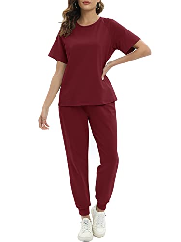 REORIA Damen Sommer Trainingsanzüge Loungewear 2 teiliges Lounge Set Outfits kurzärmliges Tank Crop Top und Hosen mit Taschen Burgund S von REORIA