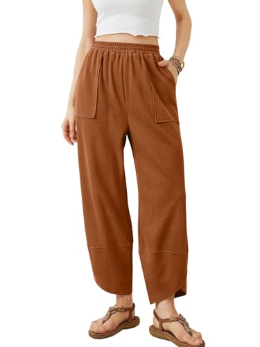 REORIA Damen Sommerhose Leicht 7/8 Casual Palazzo Hose Sommer Bequeme Luftig Weite Hosen Bein Stoffhose Freizeithose Strandhose mit Elastischer Bund und Taschen Karamell S von REORIA