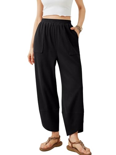 REORIA Damen Sommerhose Leicht 7/8 Casual Palazzo Hose Sommer Bequeme Luftig Weite Hosen Bein Stoffhose Freizeithose Strandhose mit Elastischer Bund und Taschen Schwarz XXL von REORIA