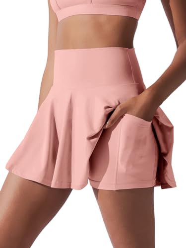 REORIA Damen Sport Tennis Mini Rock Faltenröcke Ausgestellte Röcke Hohe Taille A-Linie Schule Tanz Skort mit Shorts-Futter Rosa M von REORIA