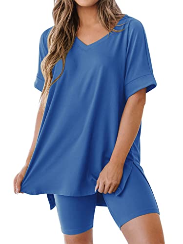 REORIA Damen T-Shirt Radlerhose Kombi-Sets V-Ausschnitt Kurzarm Lounge Wear Sets y2k Trainingsanzug Komplettset Gym Sets Blau M von REORIA