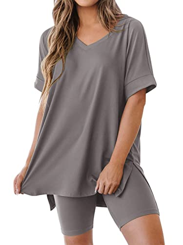 REORIA Damen T-Shirt Radlerhose Kombi-Sets V-Ausschnitt Kurzarm Lounge Wear Sets y2k Trainingsanzug Komplettset Gym Sets Grau M von REORIA