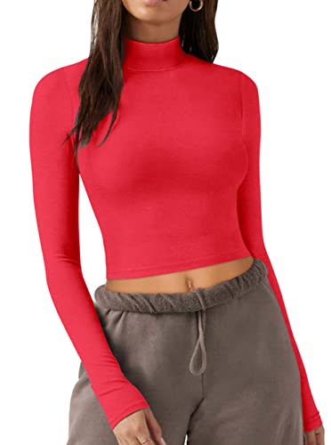 REORIA Damen T-Shirt niedlichem Rollkragenpullover langärmelig eng anliegend Bauchfreies Oberteil Rot M von REORIA