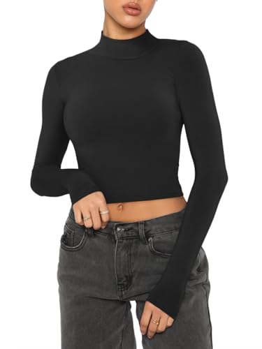 REORIA Damen T-Shirt niedlichem Rollkragenpullover langärmelig gerippt eng anliegend Bauchfreies Oberteil Schwarz M von REORIA