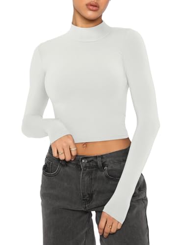 REORIA Damen T-Shirt niedlichem Rollkragenpullover langärmelig gerippt eng anliegend Bauchfreies Oberteil Weiß M von REORIA