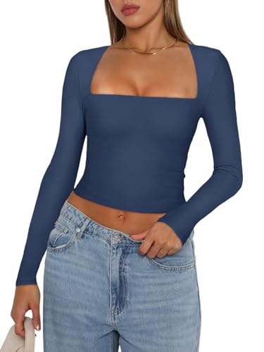 REORIA Damen T Shirts Herbst sexy lässig quadratischer Ausschnitt langärmelig eng geschnitten schmal geschnitten Basic Y2K trendiges Ausgehen Crop Tops für Teenager Mädchen Sternenblau Größe L von REORIA