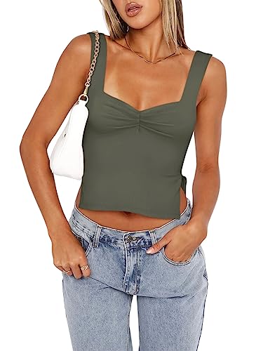 REORIA Damen Tanktops sexy gerüscht herzförmiger Ausschnitt rückenfrei ärmellos seitlich geteilt zum Ausgehen Y2K Trendige Kurze Tanktops Grau Grün S von REORIA