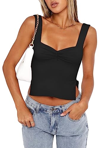 REORIA Damen Tanktops sexy gerüscht herzförmiger Ausschnitt rückenfrei ärmellos seitlich geteilt zum Ausgehen Y2K Trendige Kurze Tanktops Schwarz L von REORIA