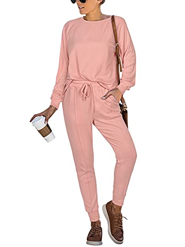 REORIA Damen Tracksuit 2-teilige Outfits Langarm-Oberteil und Unterteil Jogger-Sets Sweatsuits Trainingsanzug Rosa M von REORIA