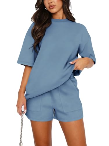 REORIA Damen Tracksuit Kurzarm Rundhalsausschnitt Einfarbig Zweiteiler Hausanzug Loungewear Outfit Jogger Trainingsanzug Set Grau Blau L von REORIA