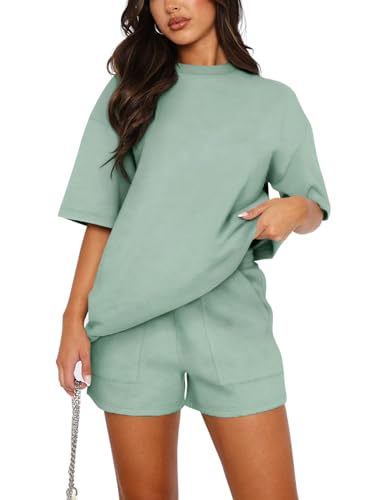 REORIA Damen Tracksuit Kurzarm Rundhalsausschnitt Einfarbig Zweiteiler Hausanzug Loungewear Outfit Jogger Trainingsanzug Set Grau Grün XL von REORIA