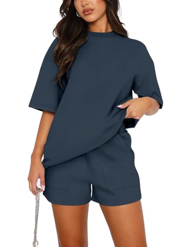 REORIA Damen Tracksuit Kurzarm Rundhalsausschnitt Einfarbig Zweiteiler Hausanzug Loungewear Outfit Jogger Trainingsanzug Set Marineblau M von REORIA