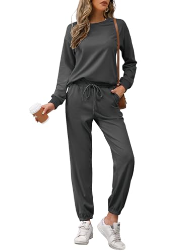 REORIA Damen Tracksuit Langarm Rundhalsausschnitt Einfarbig Zweiteiler Outfit Hoodie Jogger Trainingsanzug Set Sweatshirt & Jogginghose Dunkelgrau M von REORIA