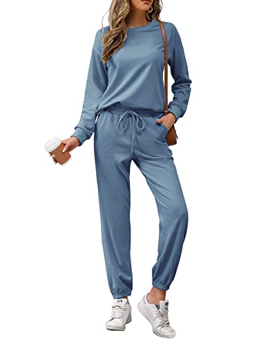 REORIA Damen Tracksuit Langarm Rundhalsausschnitt Einfarbig Zweiteiler Outfit Hoodie Jogger Trainingsanzug Set Sweatshirt & Jogginghose Grau Blau L von REORIA