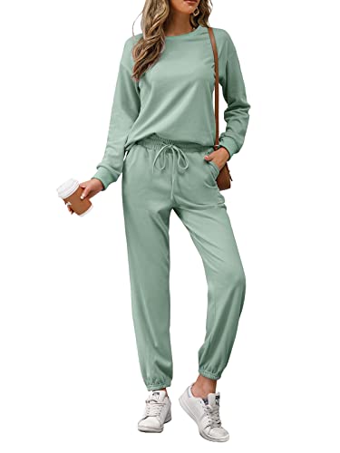 REORIA Damen Tracksuit Langarm Rundhalsausschnitt Einfarbig Zweiteiler Outfit Hoodie Jogger Trainingsanzug Set Sweatshirt & Jogginghose Grün Grau L von REORIA