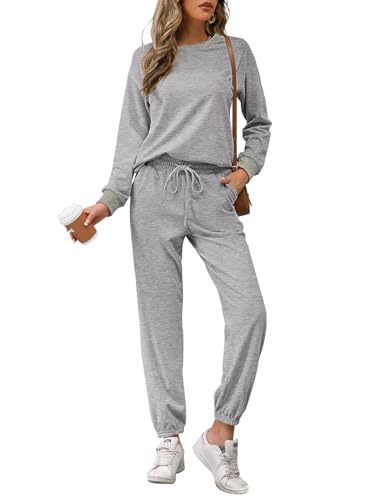 REORIA Damen Tracksuit Langarm Rundhalsausschnitt Einfarbig Zweiteiler Outfit Hoodie Jogger Trainingsanzug Set Sweatshirt & Jogginghose Hellgrau L von REORIA