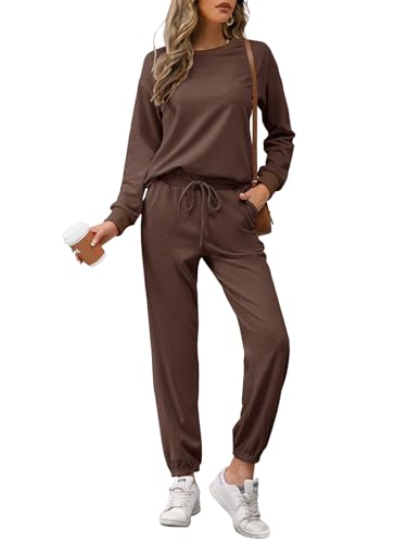 REORIA Damen Tracksuit Langarm Rundhalsausschnitt Einfarbig Zweiteiler Outfit Hoodie Jogger Trainingsanzug Set Sweatshirt & Jogginghose Kaffee S von REORIA