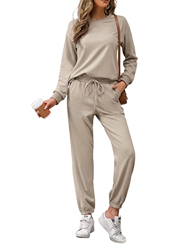 REORIA Damen Tracksuit Langarm Rundhalsausschnitt Einfarbig Zweiteiler Outfit Hoodie Jogger Trainingsanzug Set Sweatshirt & Jogginghose Khaki L von REORIA