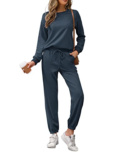 REORIA Damen Tracksuit Langarm Rundhalsausschnitt Einfarbig Zweiteiler Outfit Hoodie Jogger Trainingsanzug Set Sweatshirt & Jogginghose Marine L von REORIA