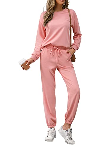 REORIA Damen Tracksuit Langarm Rundhalsausschnitt Einfarbig Zweiteiler Outfit Hoodie Jogger Trainingsanzug Set Sweatshirt & Jogginghose Rosa L von REORIA