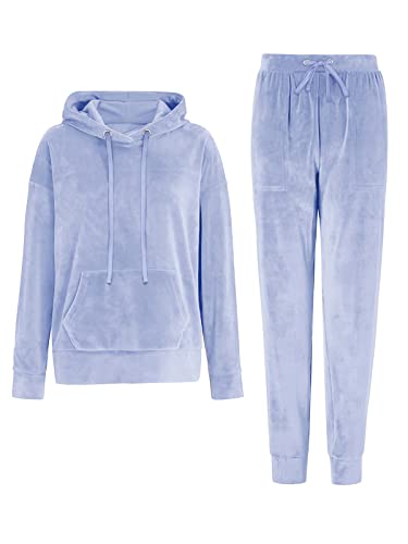 REORIA Damen Tracksuit Set Langarm Hoodie Jogger Rundhalsausschnitt Zweiteiliges Outfit Trainingsanzug Grau Blau L von REORIA