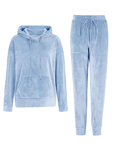 REORIA Damen Tracksuit Set Langarm Hoodie Jogger Rundhalsausschnitt Zweiteiliges Outfit Trainingsanzug Hellblau L von REORIA