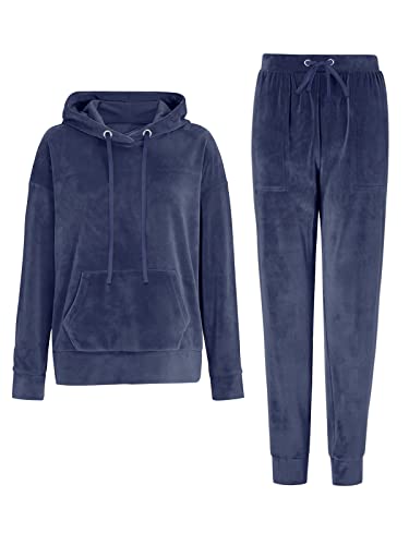 REORIA Damen Tracksuit Set Langarm Hoodie Jogger Rundhalsausschnitt Zweiteiliges Outfit Trainingsanzug Marine Blau L von REORIA