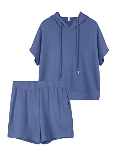 REORIA Damen Trainingsanzüge Kurzarm-Hoodie und fließende Shorts Jogginganzug Zweiteiler Overall Sommer Outfits Blau M von REORIA