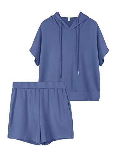 REORIA Damen Trainingsanzüge Kurzarm-Hoodie und fließende Shorts Jogginganzug Zweiteiler Overall Sommer Outfits Blau XL von REORIA