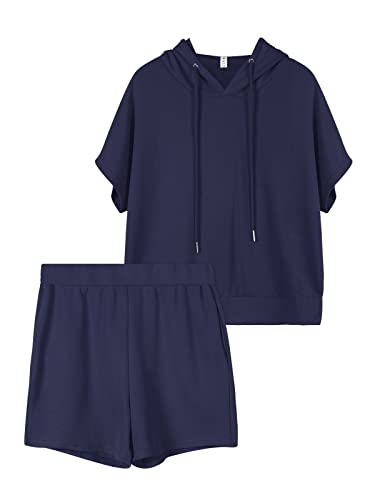 REORIA Damen Trainingsanzüge Kurzarm-Hoodie und fließende Shorts Jogginganzug Zweiteiler Overall Sommer Outfits Marineblau L von REORIA