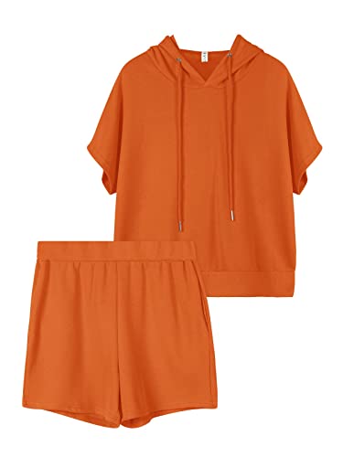 REORIA Damen Trainingsanzüge Kurzarm-Hoodie und fließende Shorts Jogginganzug Zweiteiler Overall Sommer Outfits Orange M von REORIA