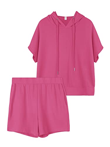 REORIA Damen Trainingsanzüge Kurzarm-Hoodie und fließende Shorts Jogginganzug Zweiteiler Overall Sommer Outfits Rosa L von REORIA