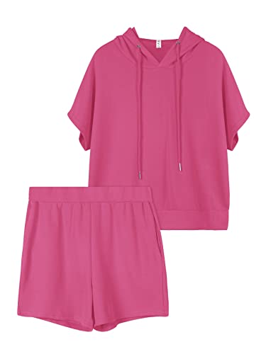 REORIA Damen Trainingsanzüge Kurzarm-Hoodie und fließende Shorts Jogginganzug Zweiteiler Overall Sommer Outfits Rosa XL von REORIA