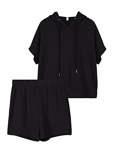 REORIA Damen Trainingsanzüge Kurzarm-Hoodie und fließende Shorts Jogginganzug Zweiteiler Overall Sommer Outfits Schwarz L von REORIA