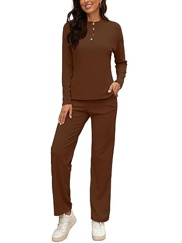 REORIA Damen Trainingsanzüge Sport Outfit Jogginganzug Hausanzug Workout Set Oberteil mit Knopf und Hose mit geradem Bein Braun L von REORIA