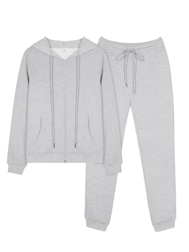 REORIA Damen Trainingsanzüge Warm Baumwolle Hausanzug Dicker Jogginganzug Set Langarmes Activewear Workout Set Sport Outfit Kapuzenpullover und lange Hose Hellgrau XXL von REORIA