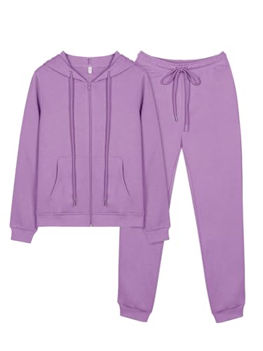 REORIA Damen Trainingsanzüge Warm Baumwolle Hausanzug Dicker Jogginganzug Set Langarmes Activewear Workout Set Sport Outfit Kapuzenpullover und lange Hose Violett L von REORIA