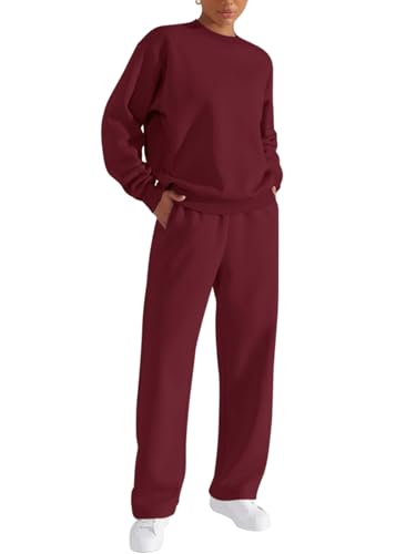 REORIA Damen Trainingsanzüge aus dicker Baumwolle Rundhalsausschnitt Übergrößen Jogginganzug Activewear Hausanzug Workout Set mit Fleece-Futter Burgundy L von REORIA