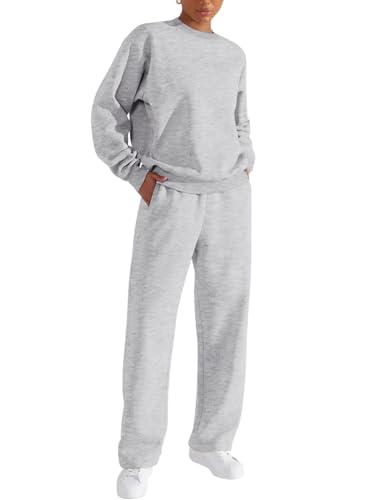 REORIA Damen Trainingsanzüge aus dicker Baumwolle Rundhalsausschnitt Übergrößen Jogginganzug Activewear Hausanzug Workout Set mit Fleece-Futter Light Grey L von REORIA