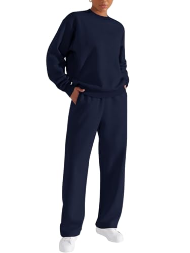 REORIA Damen Trainingsanzüge aus dicker Baumwolle Rundhalsausschnitt Übergrößen Jogginganzug Activewear Hausanzug Workout Set mit Fleece-Futter Navy Blue L von REORIA