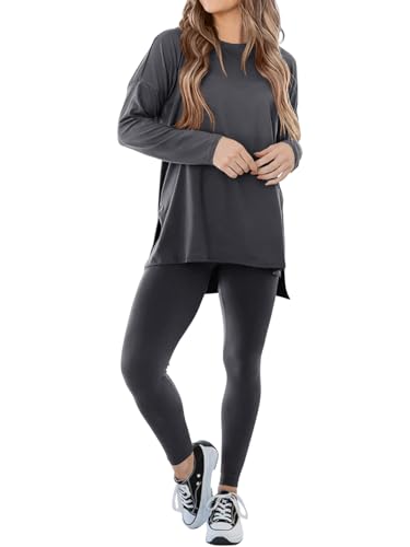 REORIA Damen Trainingsanzüge lockeres Oberteil und schmale Leggings Hausanzug aus Mikrofaser Jogginganzug Activewear Workout Set Sport Outfit Dunkelgrau L von REORIA