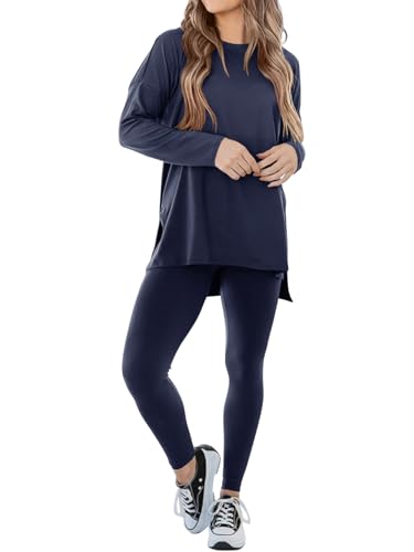 REORIA Damen Trainingsanzüge lockeres Oberteil und schmale Leggings Hausanzug aus Mikrofaser Jogginganzug Activewear Workout Set Sport Outfit Marineblau M von REORIA