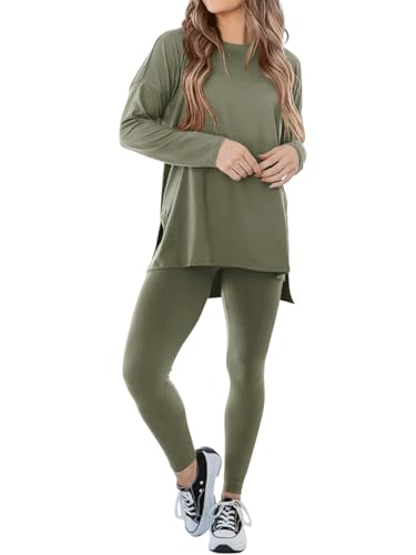 REORIA Damen Trainingsanzüge lockeres Oberteil und schmale Leggings Hausanzug aus Mikrofaser Jogginganzug Activewear Workout Set Sport Outfit Olivgrün S von REORIA