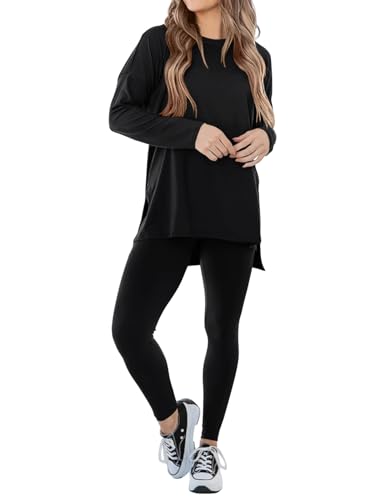 REORIA Damen Trainingsanzüge lockeres Oberteil und schmale Leggings Hausanzug aus Mikrofaser Jogginganzug Activewear Workout Set Sport Outfit Schwarz M von REORIA