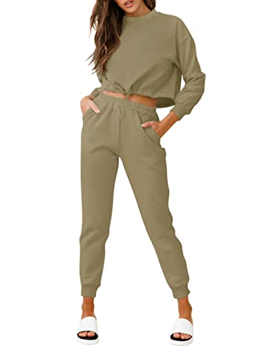 REORIA Damen Trainingsanzug Langarm Activewear Fitness Sets 2-teiliges Outfit Set Loungewear mit Taschen Grün XL von REORIA
